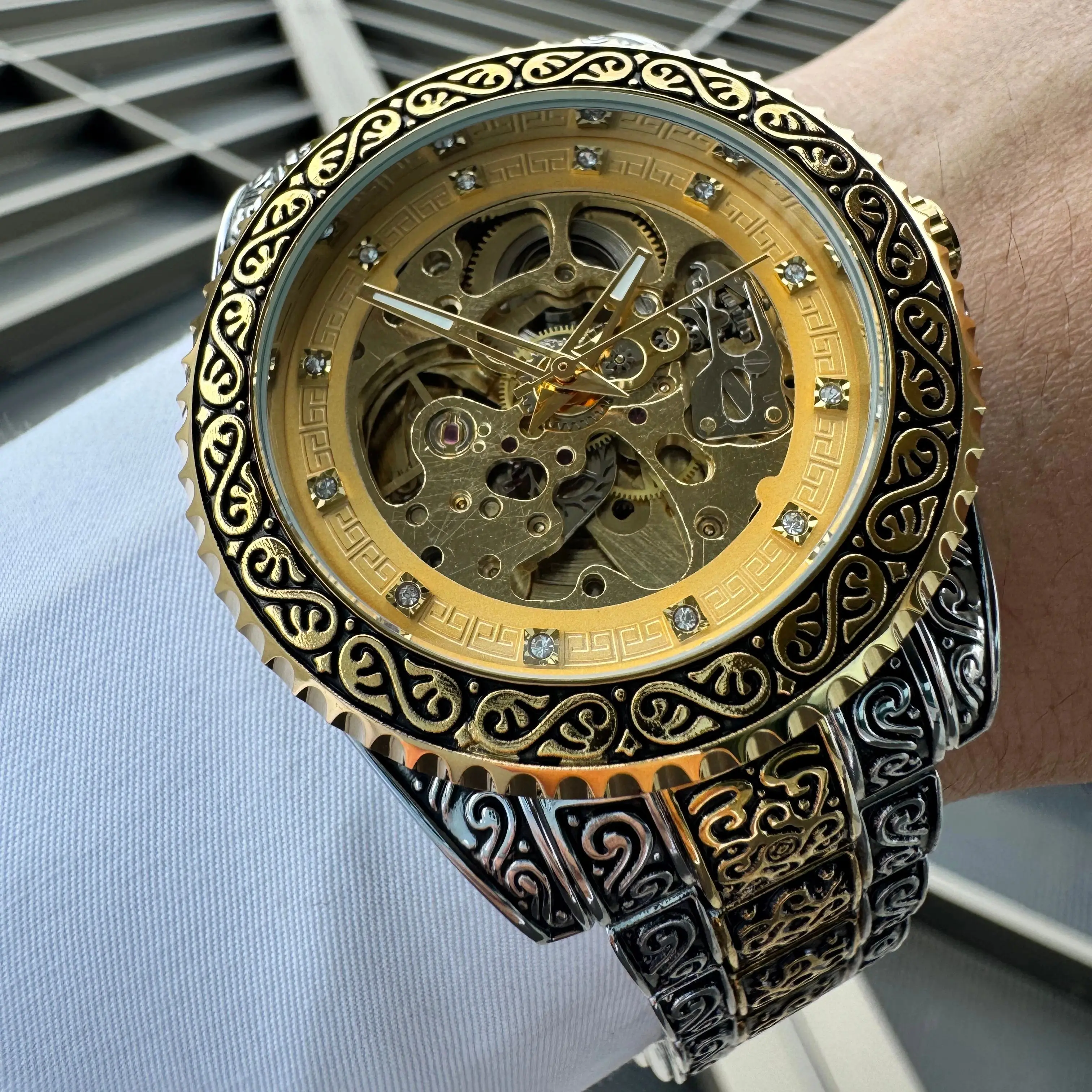 WINNER Fashion Skeleton Automatic Mechanical Watch for Men Business Iced Out Mens Watches Top Brand Luxury Stainless Steel Band