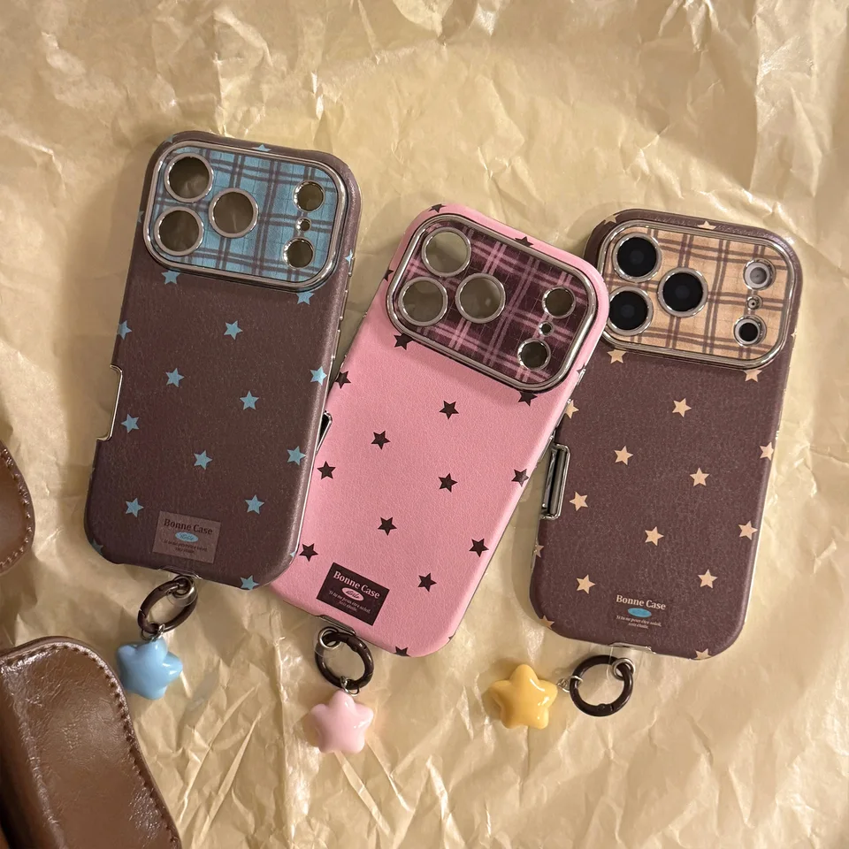 Funda retro coreana con estrellas y textura de cuero cromado para iPhone 17 16 15 Plus 14 13 12 11 Pro Max, con colgante, a prueba de golpes 5