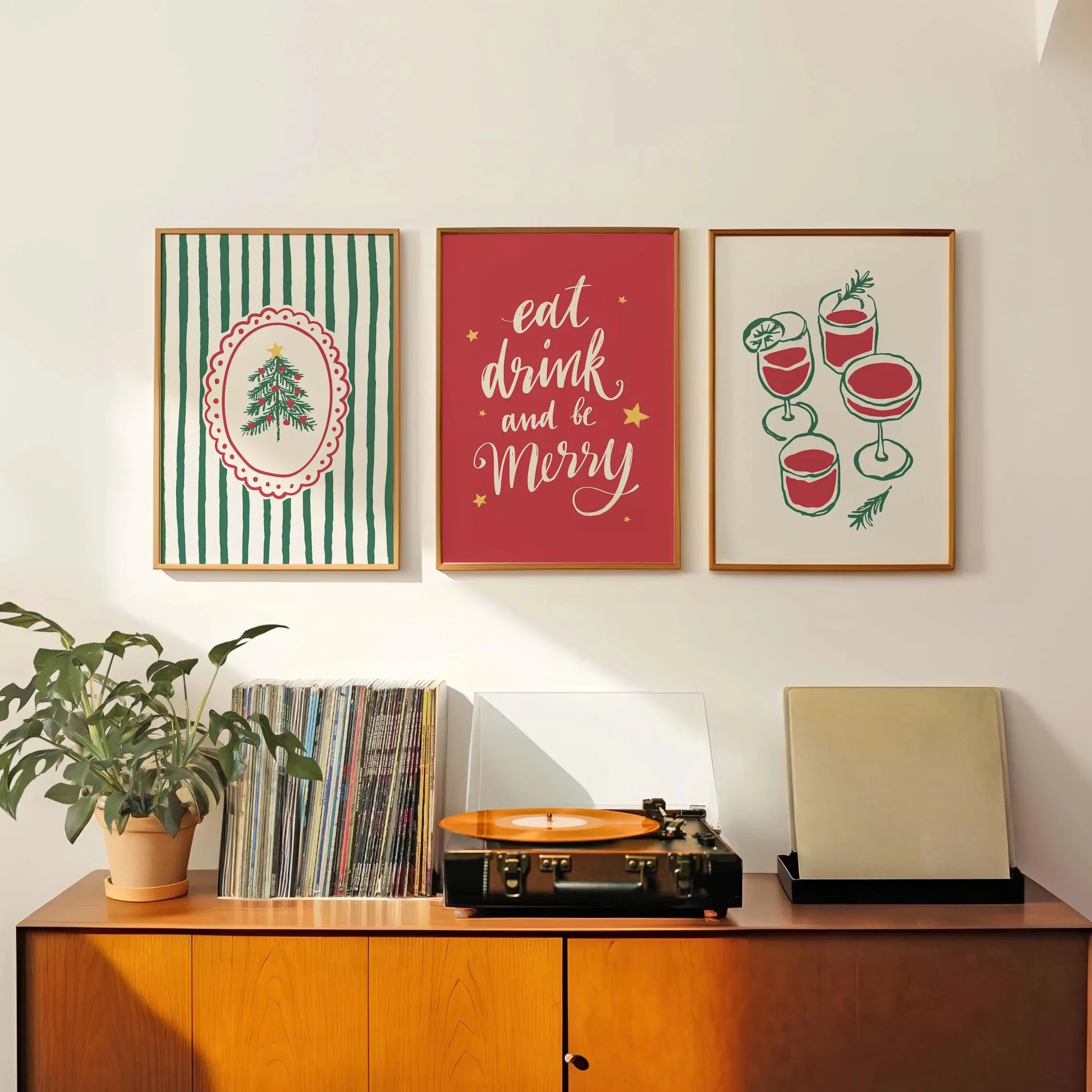 3pcs Christmas Wall Art, Hand Drawn Cocktail & Xmas Tree Print, Eat Drink and Be Merry Quote,Farmhouse Dining Room Holiday Decor