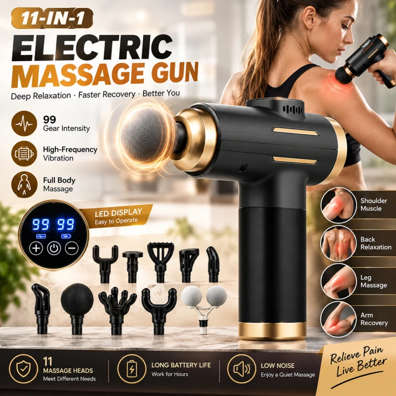 11-IN-1 Powerful Massage Gun 99 Level Percussion Massager High Frequency Fascia Vibration Muscle Relaxation Device Arms Legs