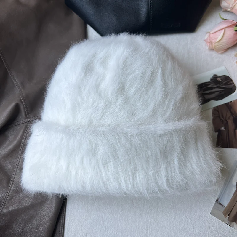 2023 neue Mode Kaninchen Fell Y2k Mützen für Frauen Weiche Warme Flauschigen Angola Winter Hut Weibliche Winddicht Motorhaube Hut Skullies Kappe – Detail 32