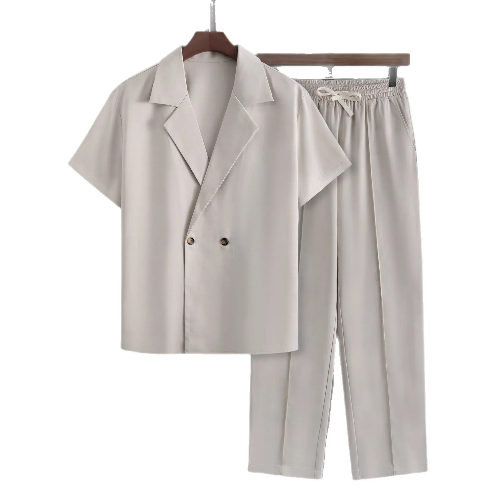 2026 Spring Autumn Men Lapel Short Sleeve 2 Piece Set Casual Jacket Drawstring Slant Pocket Pants Loose Streetwear Matching Outf