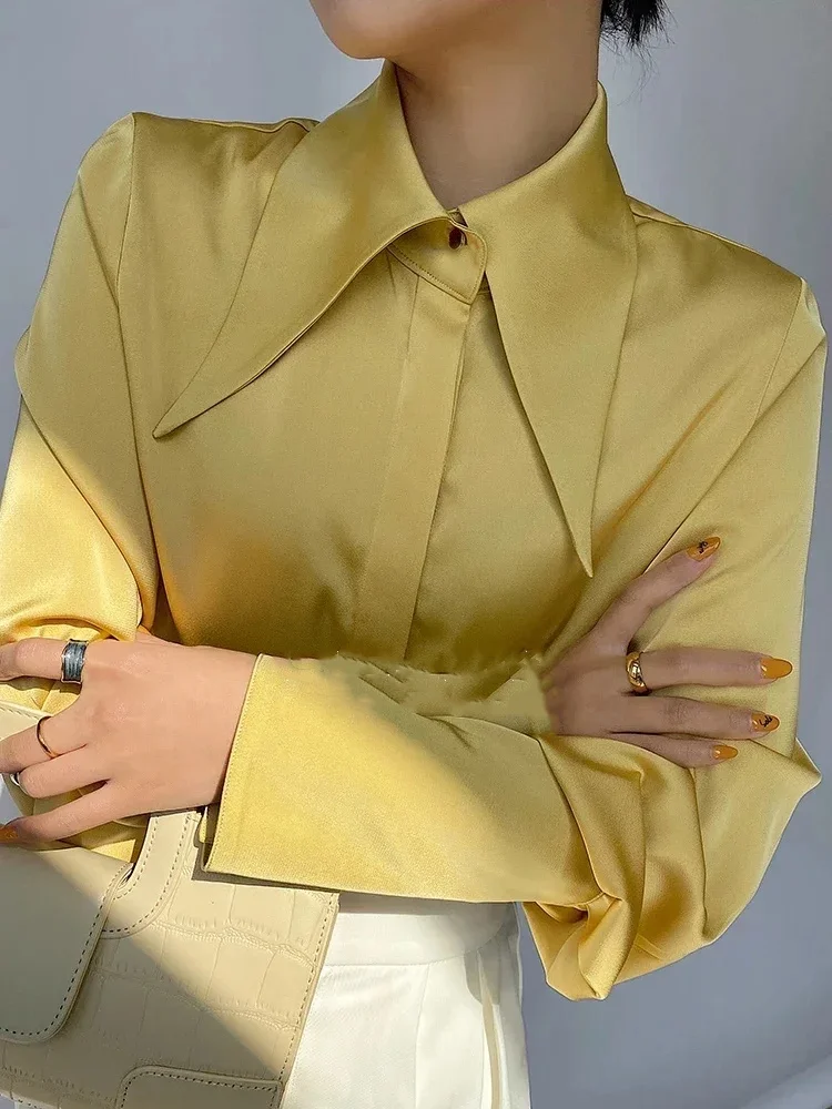 Vintage Turn Down Collar Satin Women Shirts Office Ladies Elegant Long Sleeve Blouse Lantern Sleeve Tops