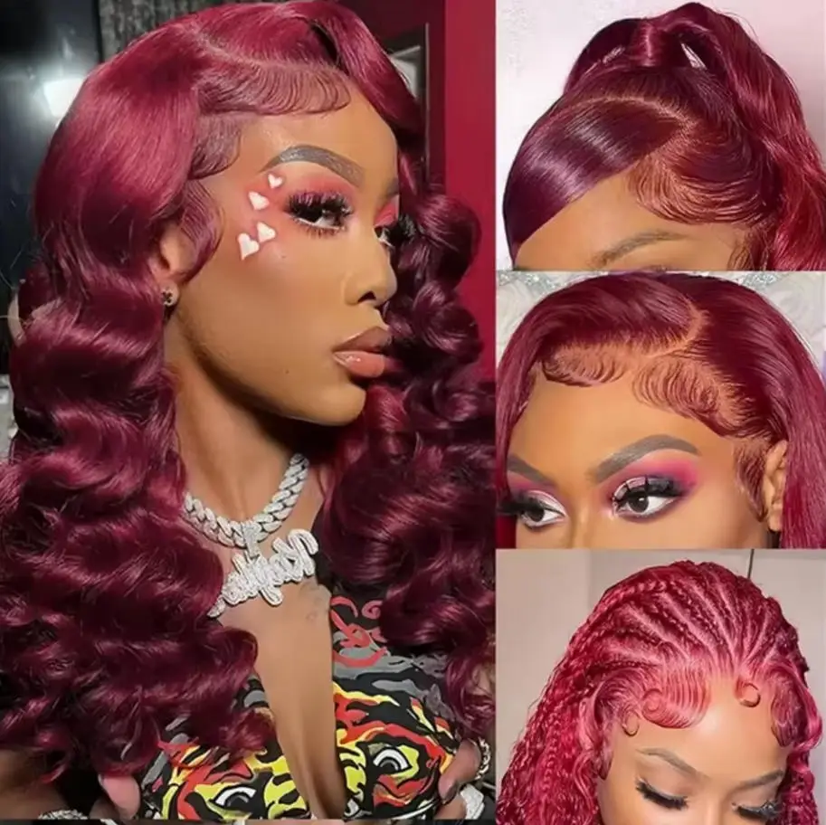 34 Inch Burgundy 99J Deep Wave Human Hair Wig Colored Curly 180 200 Density 13x4 HD Lace Frontal Wigs For Women
