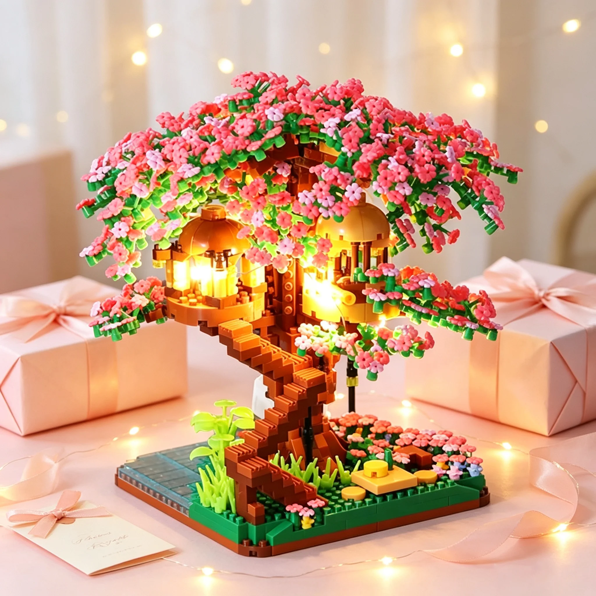 Cheery Tree Building Blocks Tree House Plastic Model Home Decoration Mini Bricks Diy Assembly Games Creative Birthday Gift