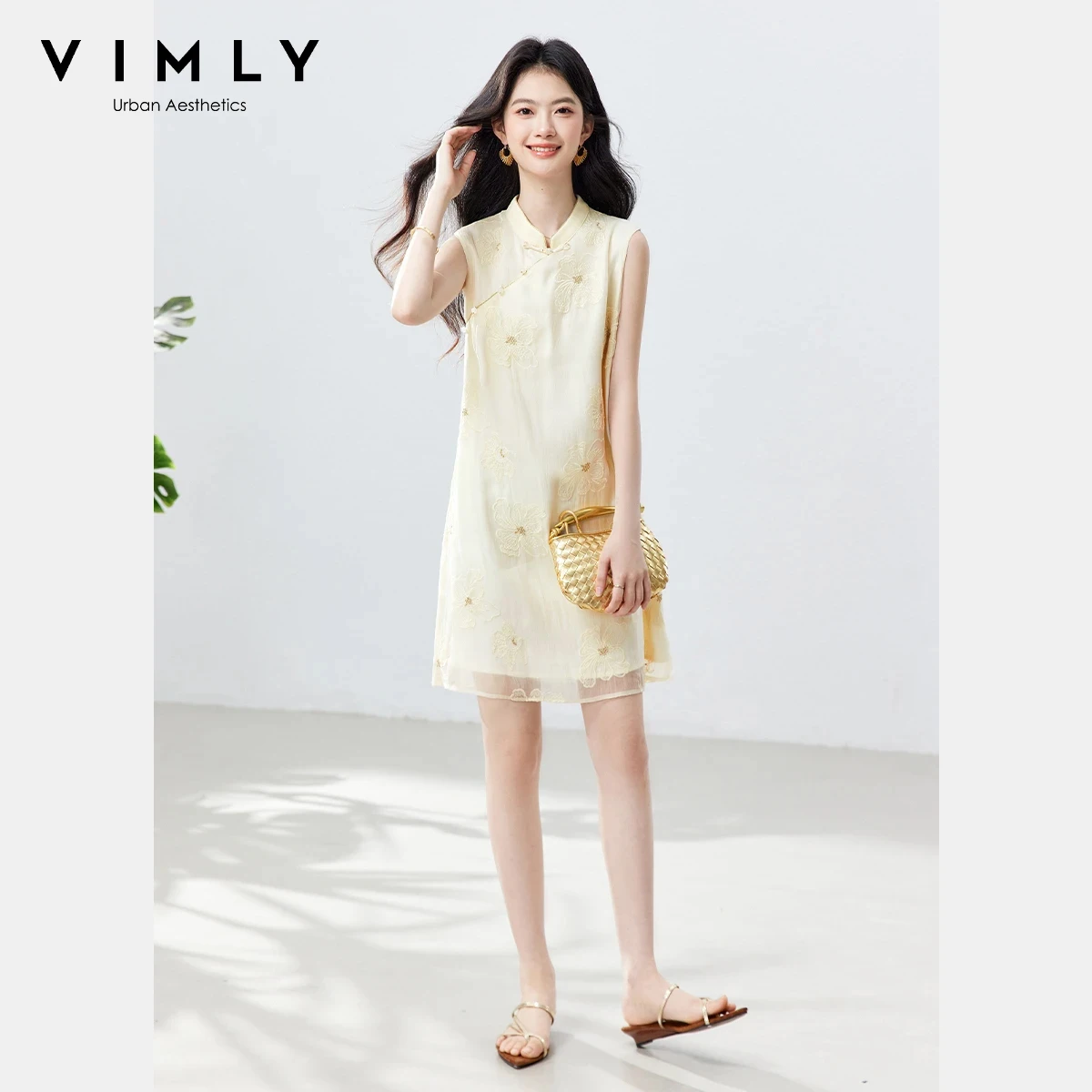 VIMLY Vestido Mini de Gasa Estilo Chino para Mujer 2026, con Botones Tipo Rana, Cuello Mao, Bordado Jacquard, Sin Mangas, Tipo Cheongsam A6229