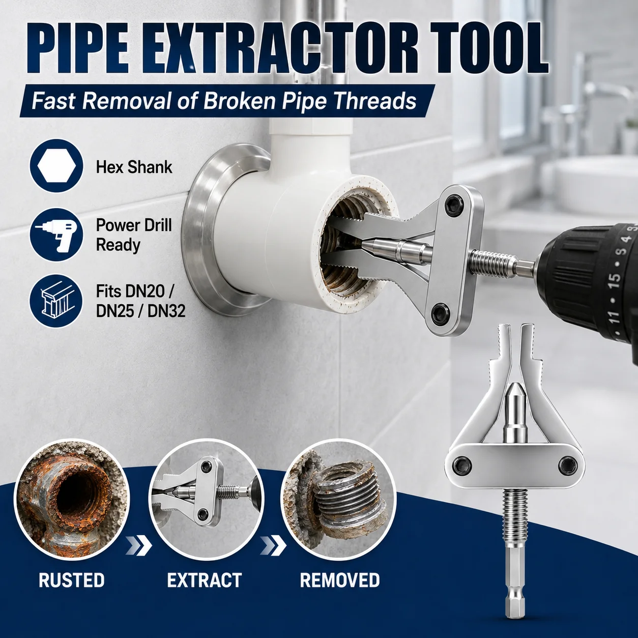 Pipe Extractor Tool, Broken Thread Puller Hex Shank Drill Bit for PPR PVC MPP Pipe Repair, DN20/25/32 1/2 3/4 1 Inch