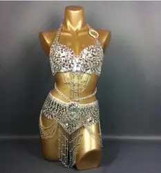 Hot Selling Women Beaded Sequins Belly Dancing Suite Belt+Bra Samba Costumes Club USA Bra Size 34B,36B,38B,40B,34D,36D,38D,40D