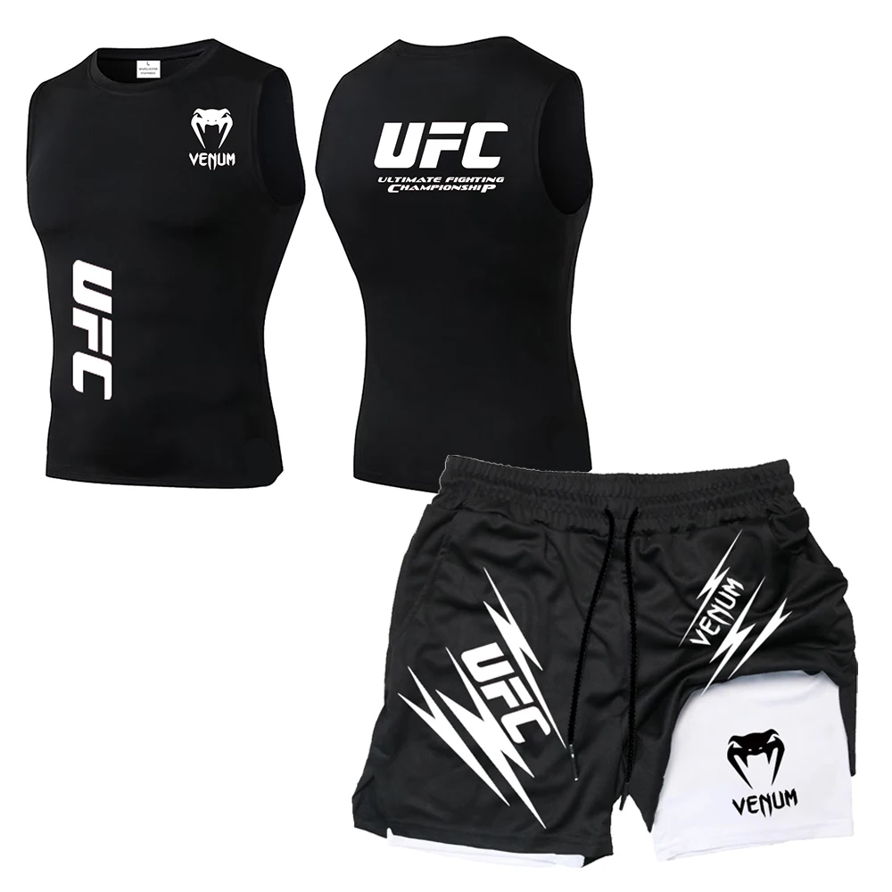

Компрессионный жилет UFC, комплект спортивной одежды, мужской костюм для фитнеса, быстросохнущий жилет, спортивный + шорты, комплект из 2 предметов, спортивная одежда для бега