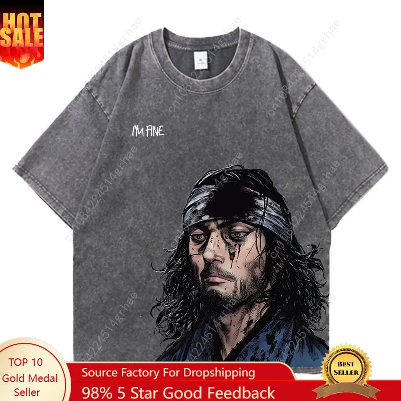 

Anime Vagabond Acid Wash Tshirts Men Vintage Washed T Shirt Harajuku Oversize Cotton Tee Cotton Fashion Streetwear Unisex Top