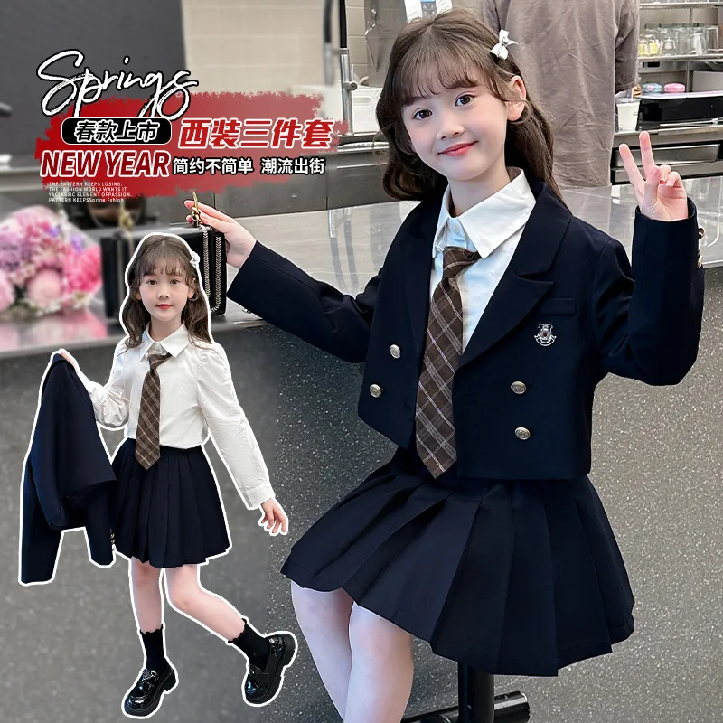 Teenager Children's Clothing Spring and Autumn Style College Style Suit Jacket Cotton Shirt Pleated Short Skirt Three Piece Set
