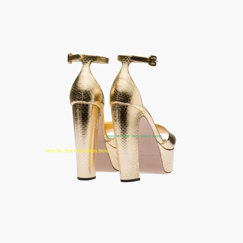 Sexy Summer Fishskin Print Woman Square High Heels Platform Sandals Buckle Ankle Strap Peep Toe Female Gold Silver Sandal Shoes