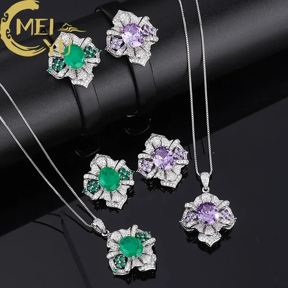 

Vintage 10*12mm Emerald Amethyst Necklace Bracelet Rings Jewelry Sets for Women Lab Diamond Cocktail Party Accessories Fine Gift