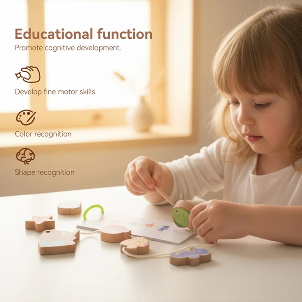 Baby Wooden Threading Toy Montessori Educational Toy for Kids Cartoon Bear Fishing Theme Threading Toy Fine Motor Skills Toys
