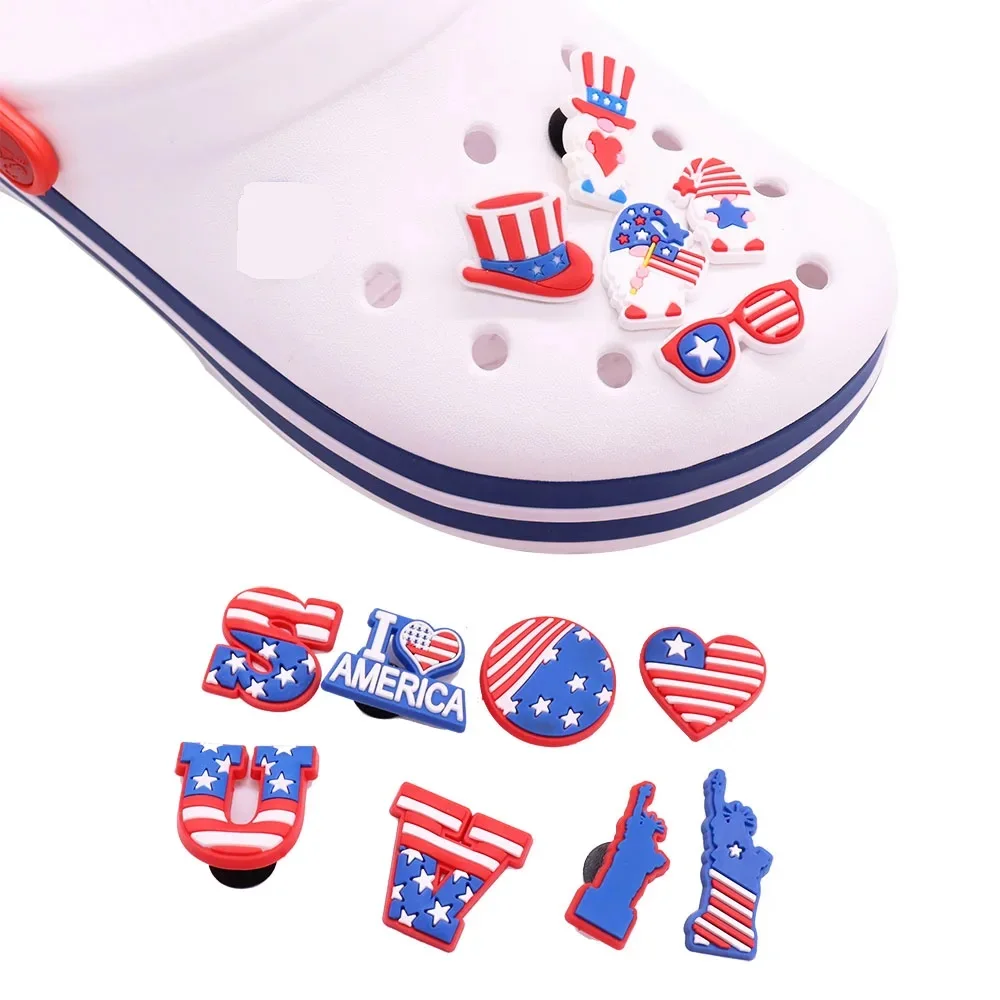 Wholesale 50pcs Shoe Charms America USA Heart Gentleman Hat PVC Garden Shoe Buckles Decoration Fit Hot Gift Kids X-max Gift