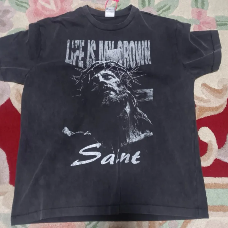 Vintage Distressed Black Saint Tshirt Jesus My Belief Washed Vintage Faded Letters Thorn Print Short Sleeve Men Women Streetwear