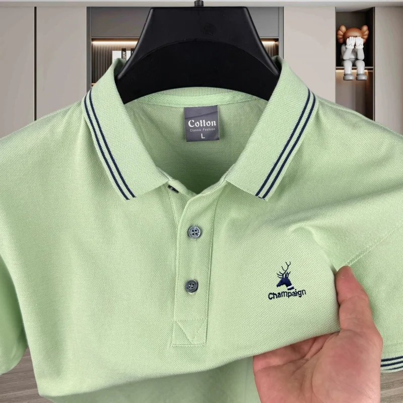 100% pure cotton high-end brand men's short sleeved polo shirt summer fashion striped deer head embroidery golf  casual T-shirt