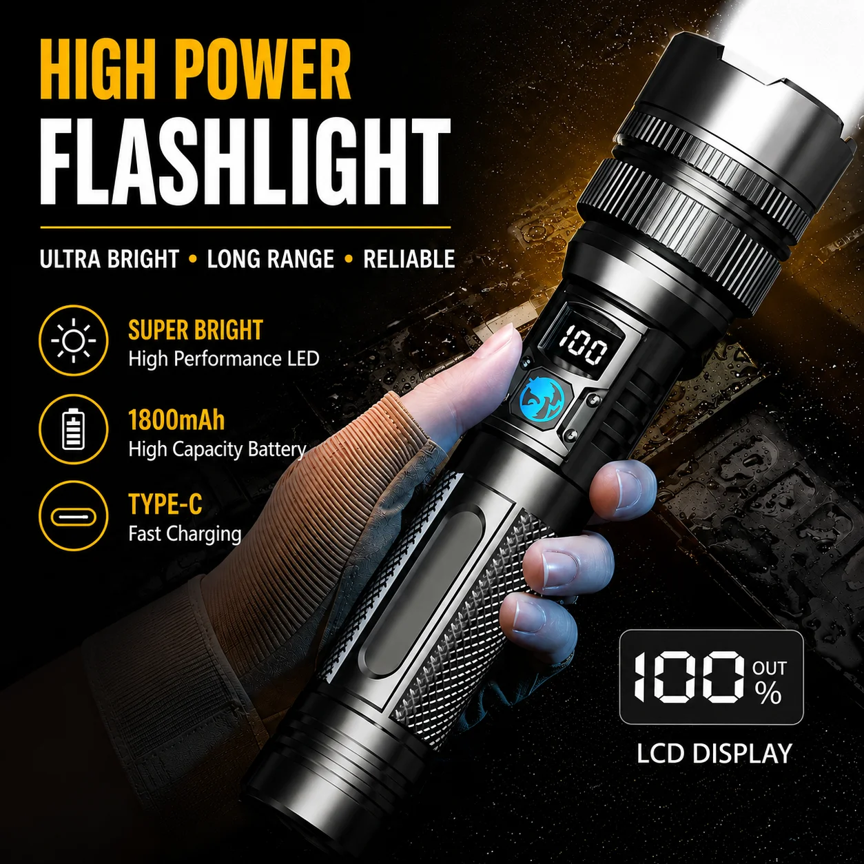 Super Bright LED Flashlight Rechargeable Zoomable Digital Display Tactical Light Waterproof Camping Outdoor Handheld Spotlight