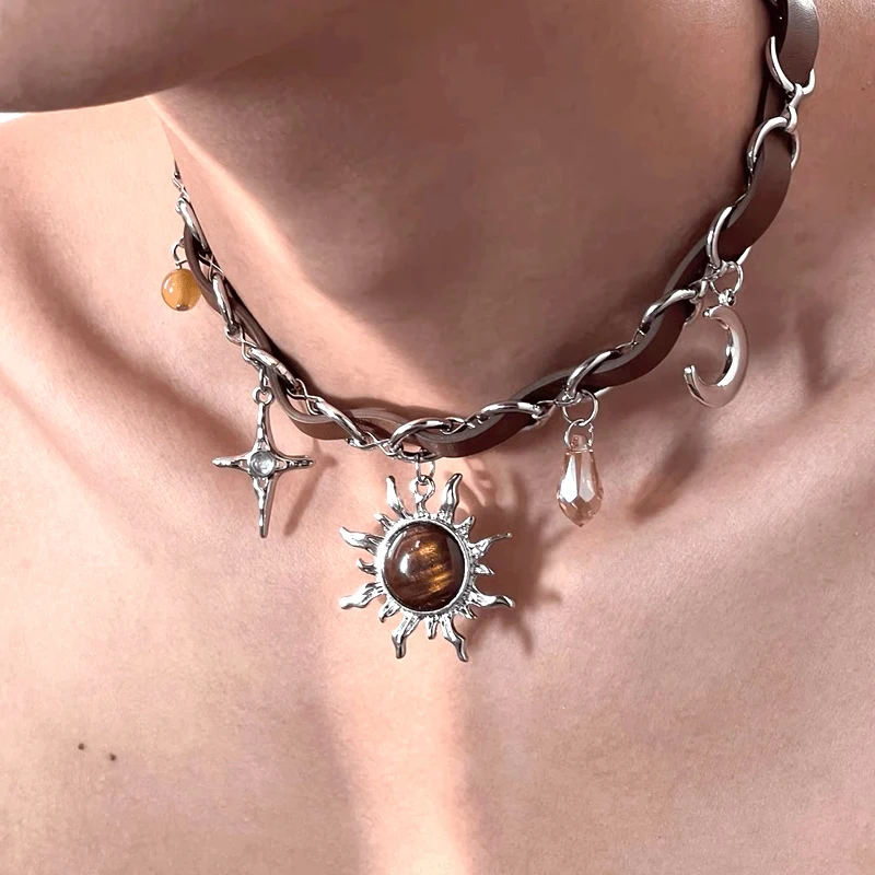 

Punk Charm Aesthetic Crystal Sun Pendant Necklace Leather Korean Fashion Cross Choker Vintage Accessories Necklace Women Jewelry