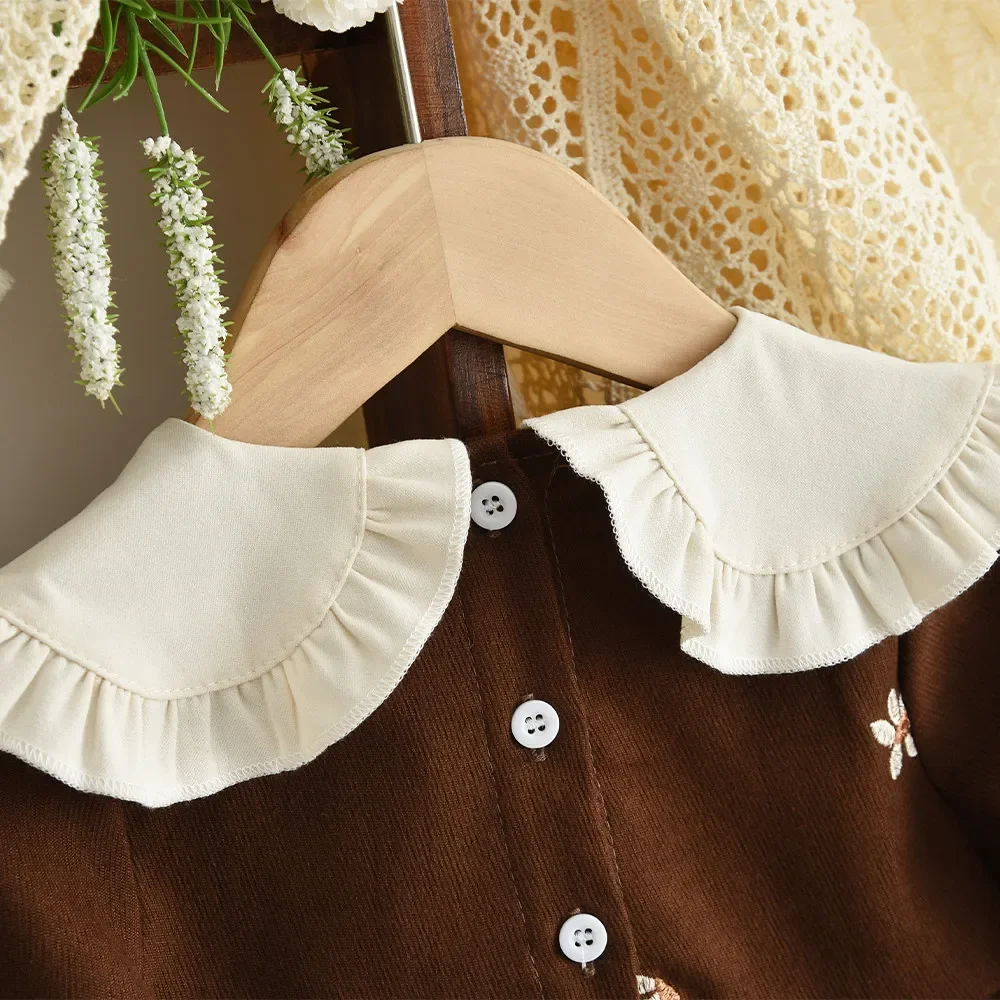 Braunes Schleifenkleid mit langen Ärmeln für Babymädchen, Herbstmode, neue Partykleider für Mädchen, niedlicher Puppenkragen, Freizeitkleidung – Detail 11