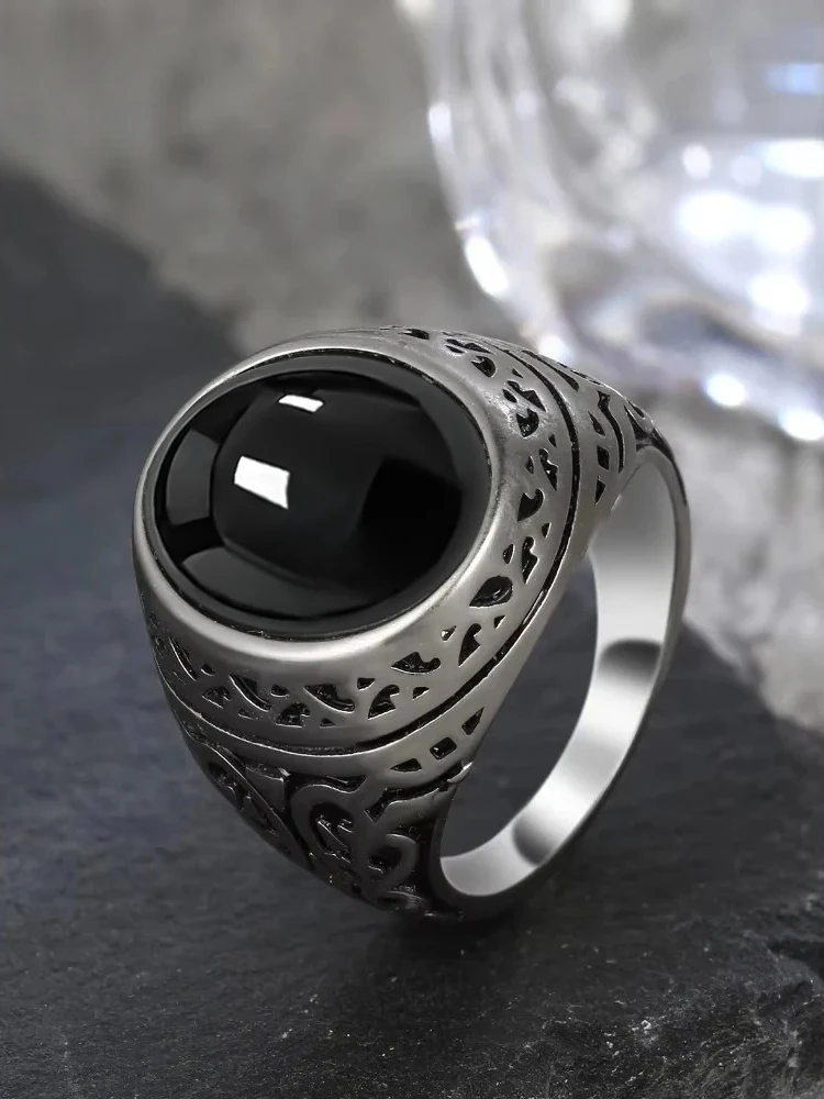 Bague vintage en argent sterling 925 avec grande pierre d'onyx noir naturel de 10*14 mm de forme ovale, bijoux fins pour homme.