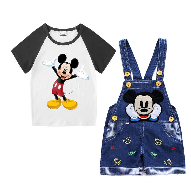 Baby Boy Clothes Mickey Mouse Suits Cotton T-shirt+ Belt Denim Shorts Infant Toddler Set 1-4 Years Boy Summer Clothing Set Ropa