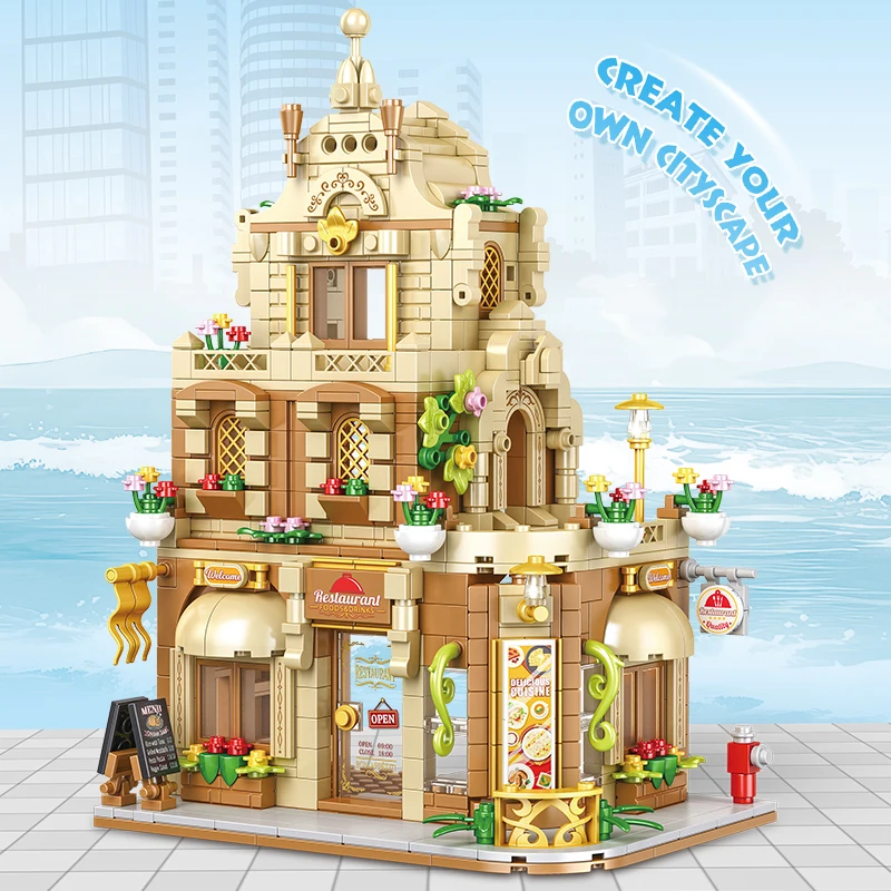 مدينة شارع عرض سلسلة مطعم اللبنات منزل نموذج متجر العمارة هدية صغيرة لصديقة الاطفال لعبة الإبداعية