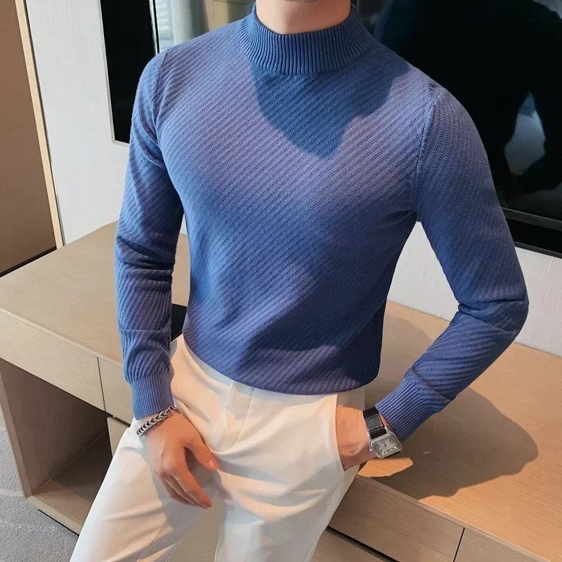 2023 Autumn Winter Solid Long Sleeve Turtleneck Sweaters For Men Clothing Slim Fit Casual Knitted Pullovers Pull Homme S-3XL