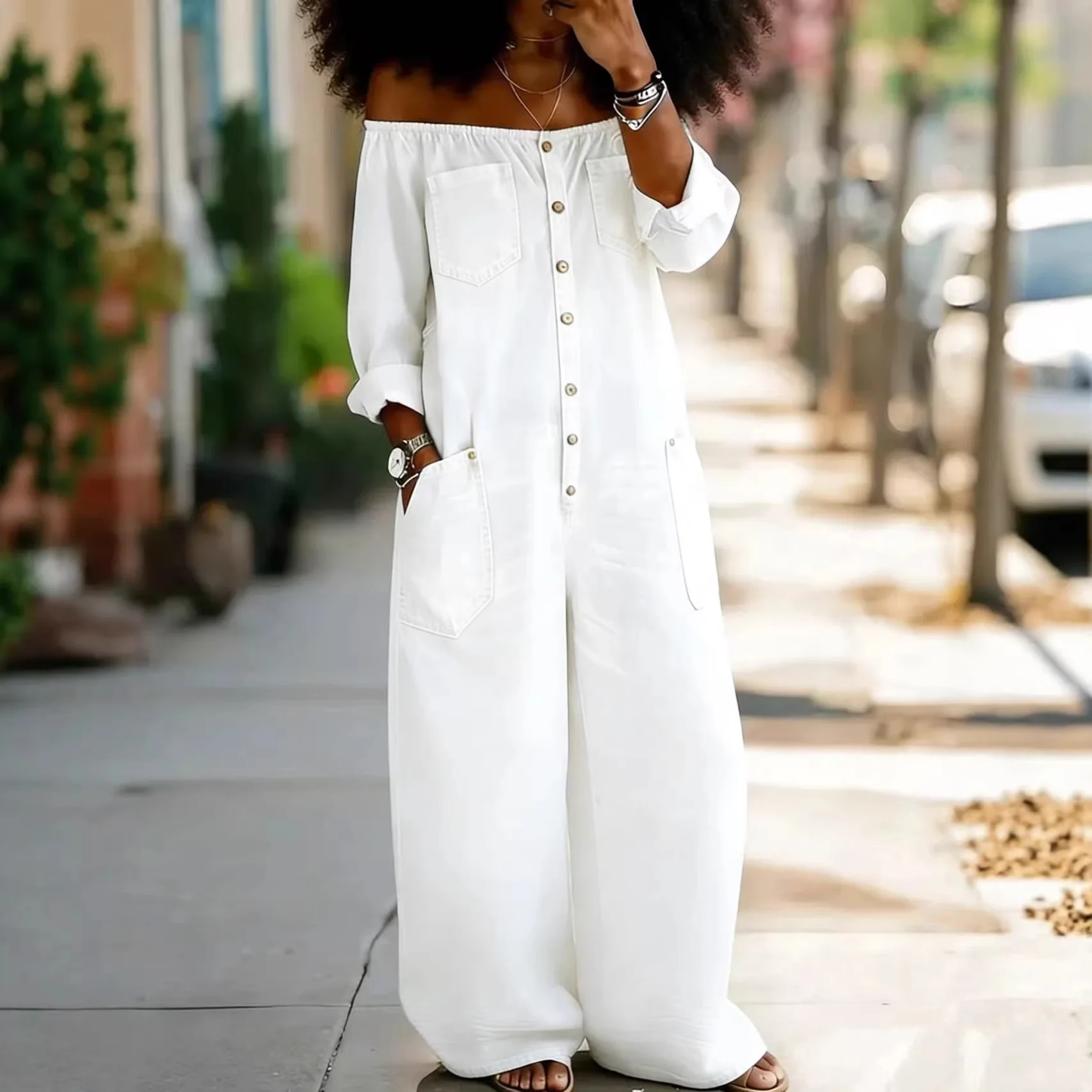 Sexy Off Shoulder Long Sleeve Loose Jumpsuit Fashion Single breasted Street Long Romper Women Casual Pocket Solid Denim Playsuit