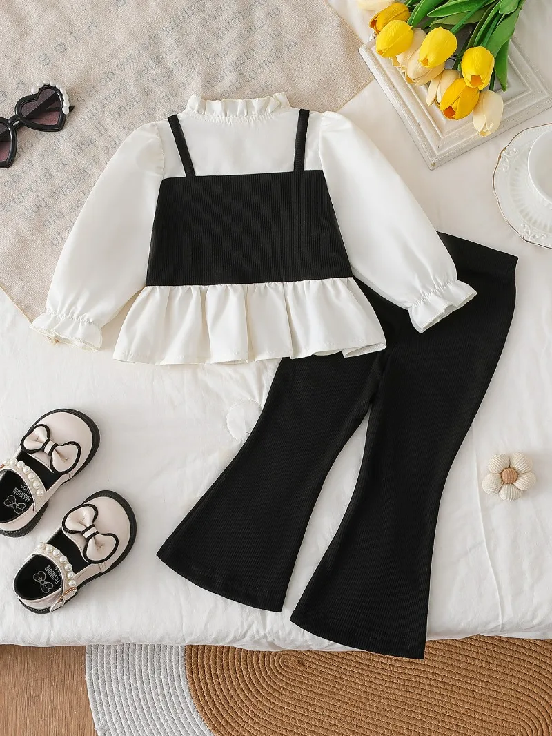 Girls' Chic Fall Outfit: Elegant Patchwork Blouse with Floral Bell-Bottoms (2PC Set)