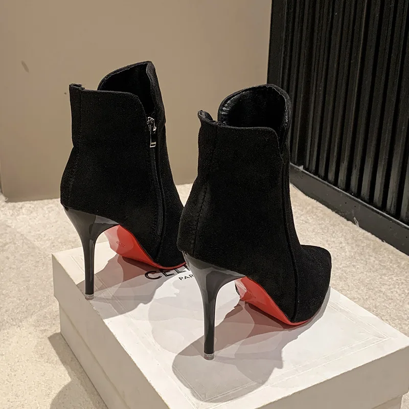 

2026 Black Suede Ankle Boots with Red Bottom Stiletto Heels Pointed Toe Side Zipper Booties for Women Winter Party Women's Shoes