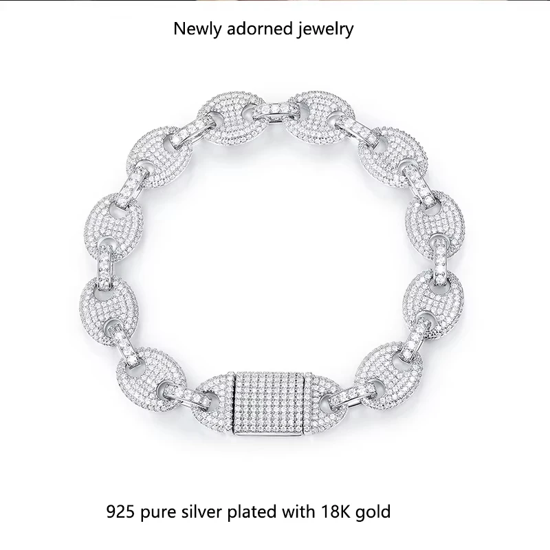 

925 Sterling Silver Moissanite Electroplated 18K Gold Hip-Hop Bestseller 11mm Wide Bracelet Street Photography Exaggerated Cuban