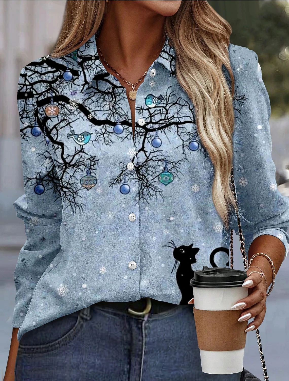 Autumn Fashion Shirt Women's Texture Pattern Long Sleeve Shirt Family Party Top Temperament Lapel Button Comfortable Clothing