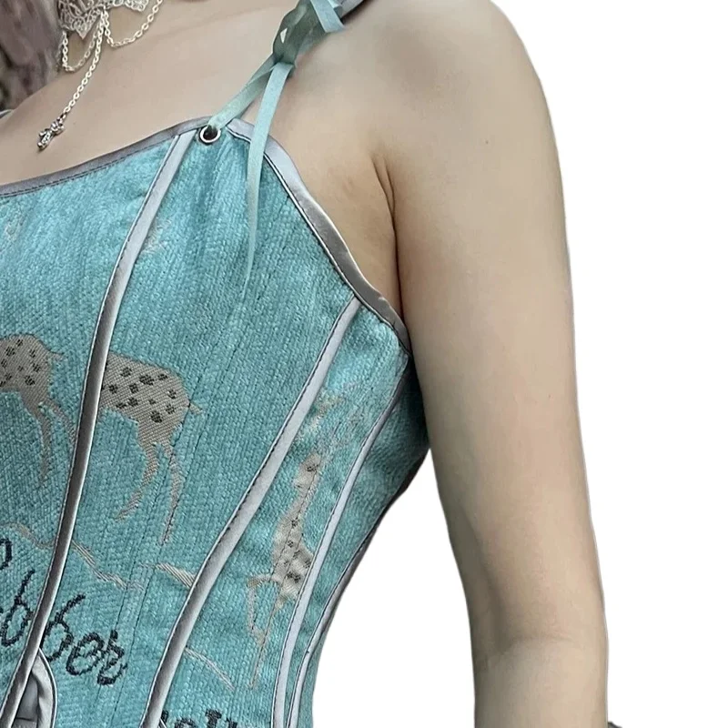 

Silver Deer Print Embroidery Overbust Corset Top Cami Streetwear Blue Antique Spring Autumn Winter Corselet Bustier