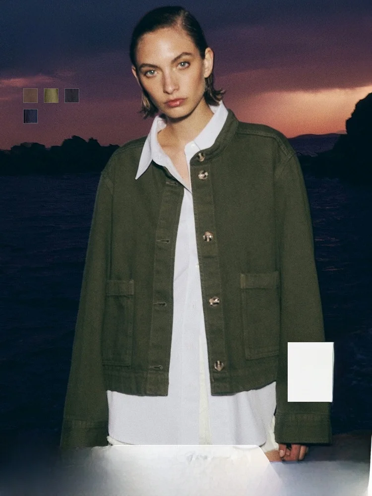 

H&M Women's ort Jaet Winter Miu Sle Stand Collar ape Button Top 282397 Simple Sle Stand Version Cotton Material