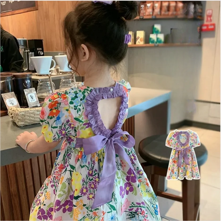 Kids Dress for Girls Summer Children\'s clothes New Baby Puff Sleeve Princess Dress Bowknot Knee-Length Backless Dress Sweet