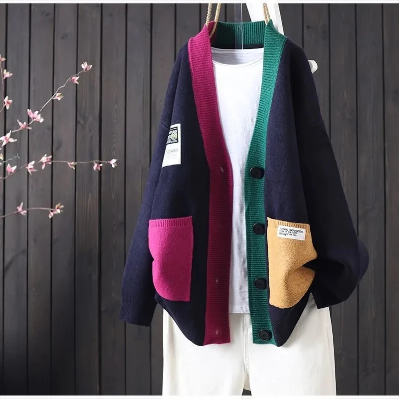 Cardigan Fall 2025 New 가디건 Colorful Striped Loose-Sleeved Contrast Knit Blouse For Women Casual Thick Buttoned Sweater Coat