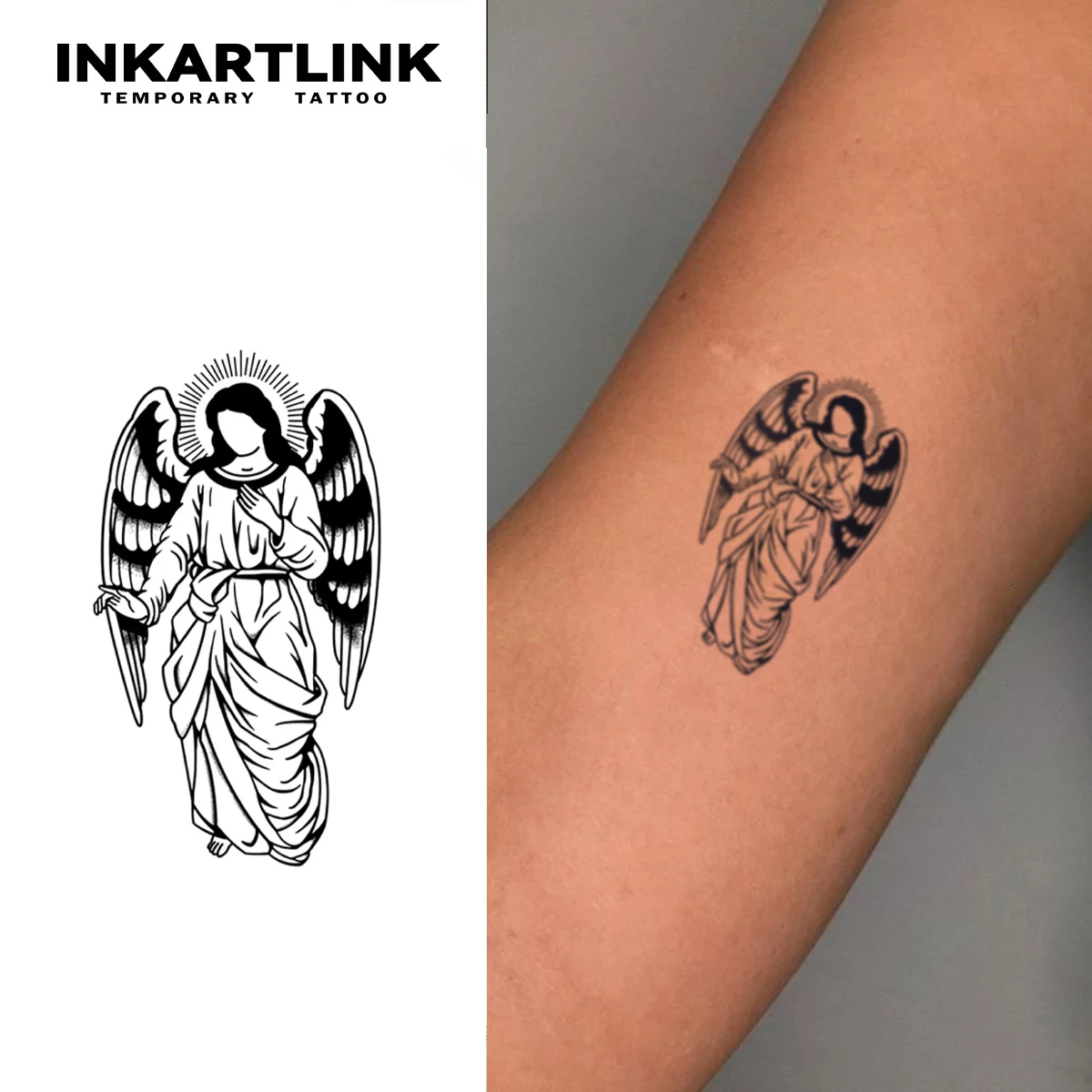 INKARTLINK Black and White Angel Tattoo Patch 1-2 Weeks Long lasting Halo Wing Design Waterproof Temporary Tattoo 3pcs
