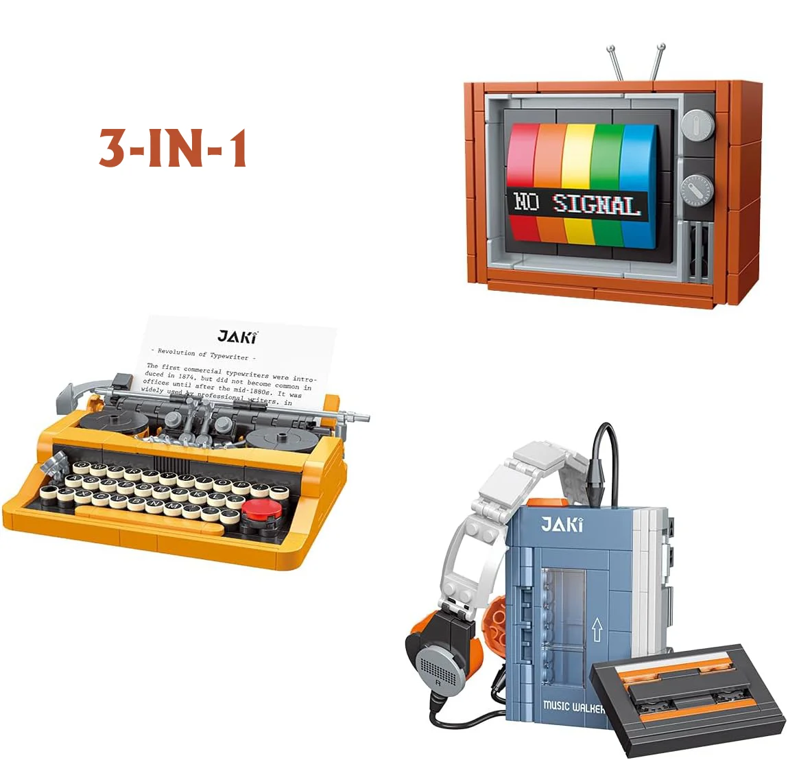 MOC Creative Retro Block Toy Player Typewriter TV Block Three in One Set Office Decoration Building Kit Boys Gift