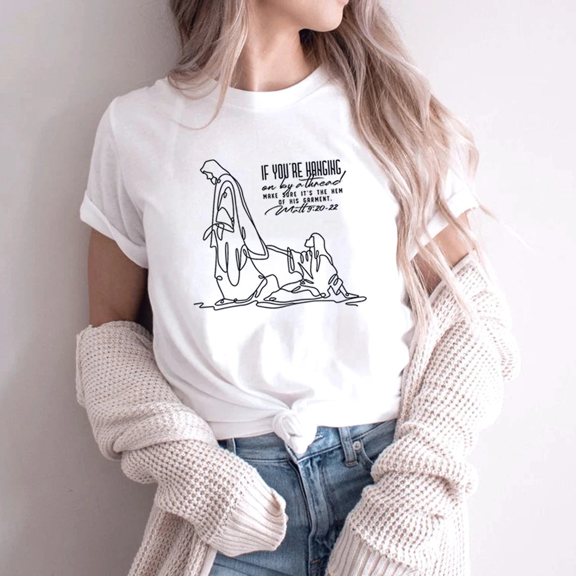 T-shirts unisexes à manches courtes avec col rond, motif femme touchant Jésus, verset biblique chrétien, t-shirts graphiques Jésus