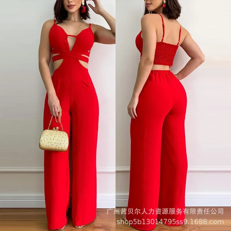 One-Piece Trousers Jumpsuit Shirred Open Back Trend Cutout Sexy Jumpsuits Women Summer Camis Top Sling Spaghetti Strap Jumpsuit