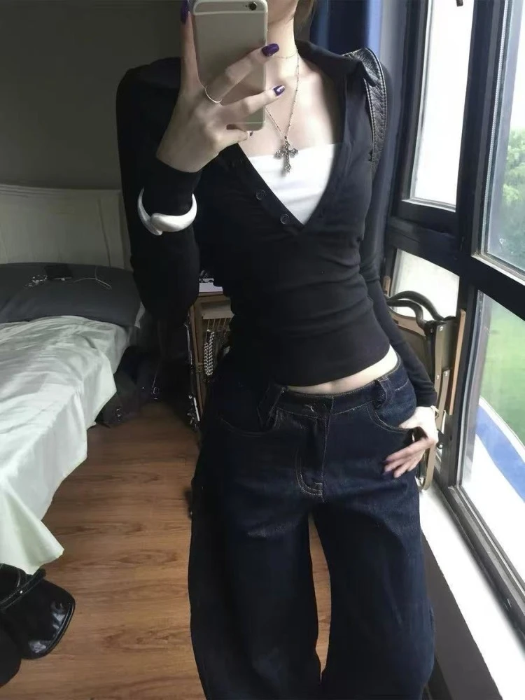 2000s Vintage Note Rhinestone Fake Two Pieces Long Sleeve T-shirt Women Slim Fit Base Layer Fashion Casual Tops Female Stylish