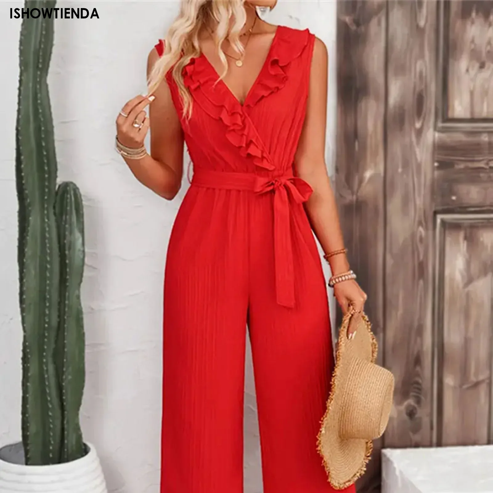 Summer Women's Jumpsuits Fashion Trend Ruffled Sleeveless V-neck Belt Wide Leg Straight Rompers Daily Casual Vacation Jumpsuits