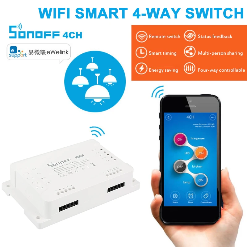 SONOFF-interruptor inteligente de luz con Wifi, dispositivo electrónico de 4 canales, Control por aplicación para IOS y Android, funciona con Alexa y Google Home