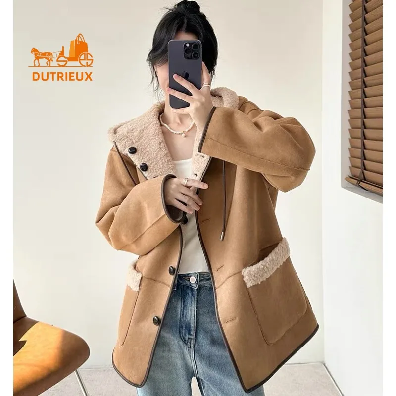 New Winter Fur Coat for Women, Simple and Fashionable Mid-length Hooded Wool Coat Reversible Warm Jacket for Women To Go To Work