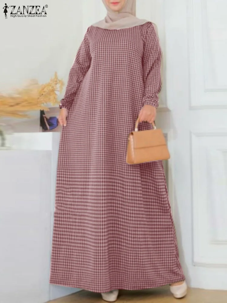 

ZANZEA Muslim Hijab Dress Turkey Dubai Abaya IsIamic Clothing Women Long Sleeve Checked Sundress Kaftan Maxi Long Vestidos Robe