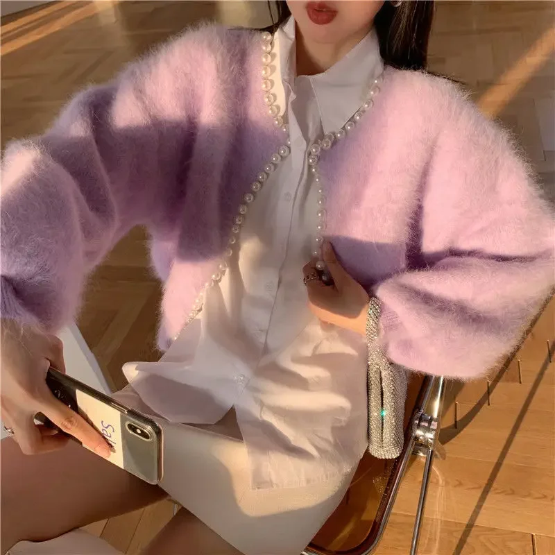 Korobov Autumn Winter New Sweet Pearls Sweaters Korean Knit O Neck Long Sleeve Cardigans Vintage Elegant Women Cardigan