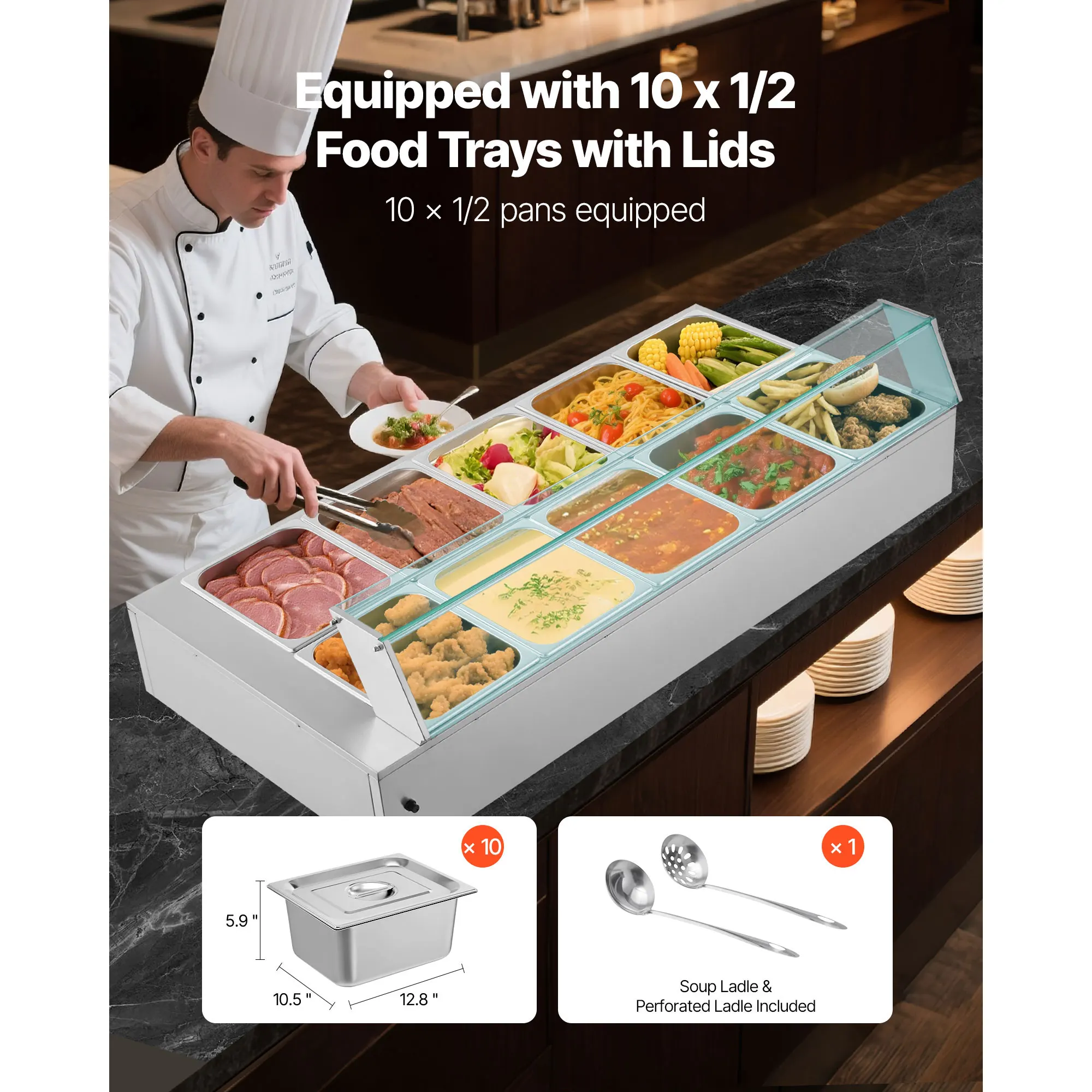 SucceBuy 10-Pan Commercial Food Warmer Electric Stainless Steel Steam Food Warmer with Glass Cover for Catering, Restaurant