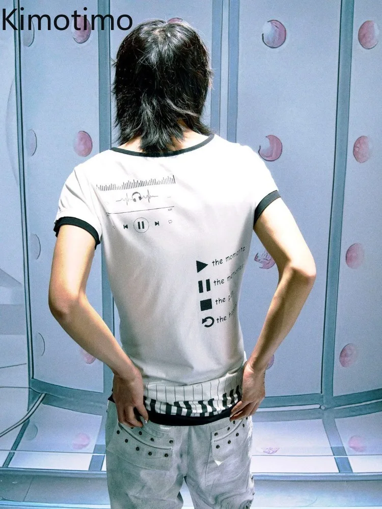 Kimotimo Japanese Y2k Grunge T-shirt Women White Musical Note Print Short Sleeve Slim Tops Summer Vintage Harajuku Gothic Tees