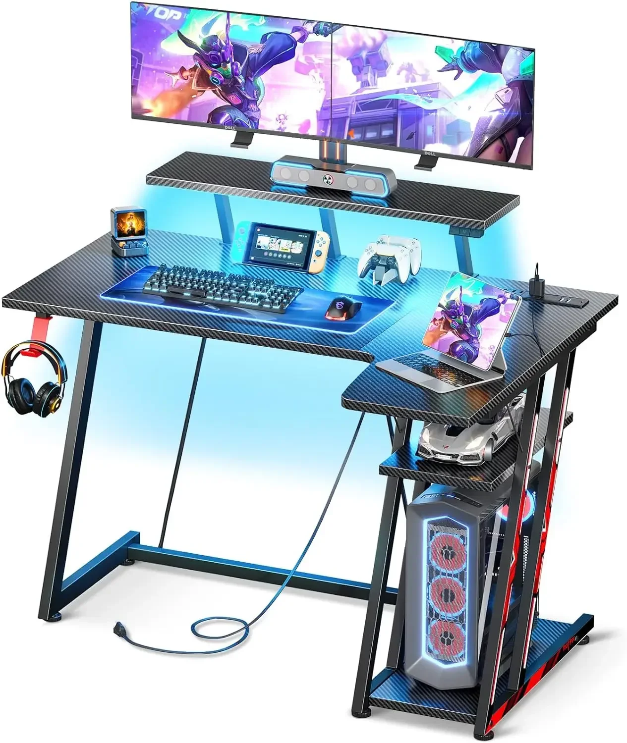 Small Gaming Desk with LED Lights & Power Outlets, 39 Inch L Shaped Gaming Computer Desk with Storage Shelf, Gamer Desk